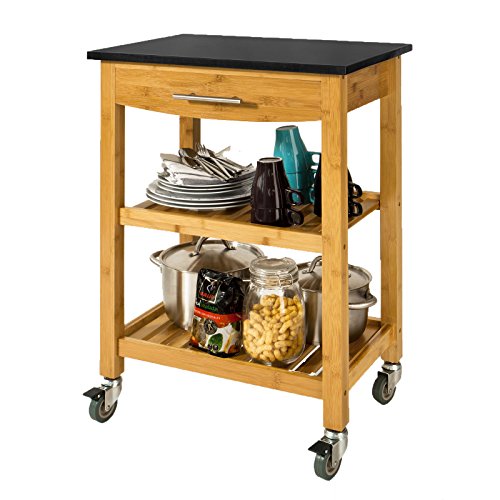 SoBuy® Carrito de cocina con piso de granito, estantería de cocina, carrito de servir de bambú de alta calidad, piso en negro, FKW28-SCH, ES