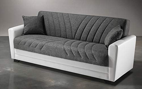 Sofá de 3 plazas blanco y gris de piel sintética y tela – 220 x 88 x 83 cm de altura – Compartimento contenedor, transformable en cama de plaza y media