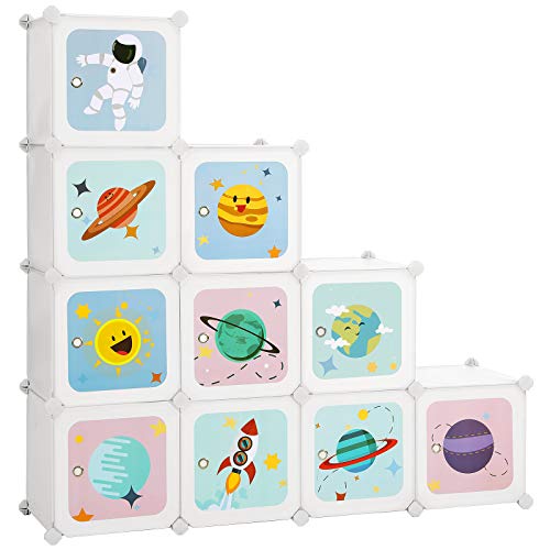 SONGMICS Estantería Modular Infantil de 10 Cubos, Organizador para Niños, Estantería de Plástico, Armario Modular con Puertas para Ropa, Zapatos, Juguetes, 123 x 31 x 123 cm, Blanco LPC903W01