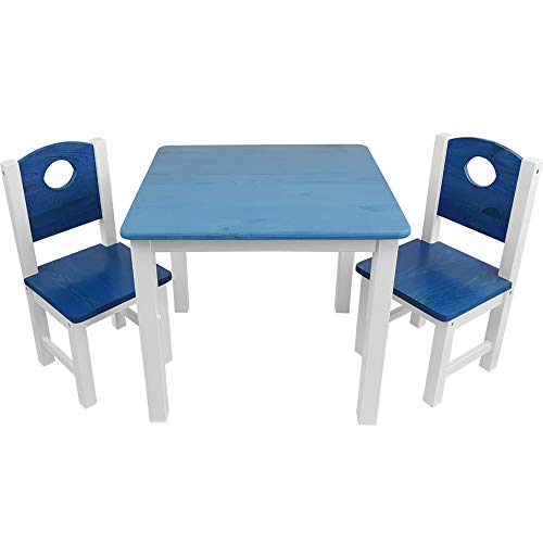 SunDeluxe Conjunto Infantil de Mesa y sillas: 1 Mesa + 2 sillas de Madera Maciza de Pino para niños - Mesa para Actividades Infantiles, Color:Azul