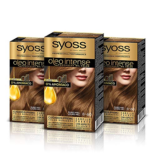 Syoss Oleo Intense - Tono 8-60 Rubio Miel (Pack De 3) – Coloración permanente sin amoníaco – Resultados de peluquería – Cobertura profesional de canas
