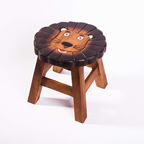 Taburete infantil de madera maciza con diseño de león, altura de asiento de 25 cm