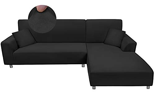 Taiyang Funda para Sofà Seccional, Fundas para Sofa Chaise Longue, Funda de sofá en Forma de L de Tela Elástica y Cómoda con 2 Fundas de Almohada ( 3 Asientos + 3 Asientos, Negro)