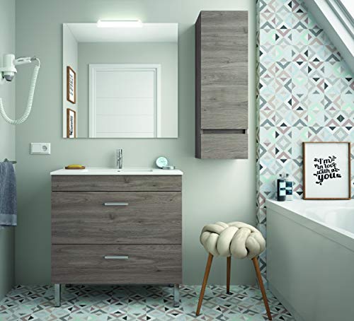 THE LIVING DESIGN FIND YOUR OWN STYLE Conjunto de Mueble de Baño ALMERÍA - 80 cm - 1 Puerta abatible + 1 Cajón - Roble Oscuro. con Lavabo, Espejo y Aplique Led.