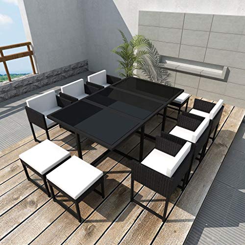 Tidyard Conjunto de Mesa y 6 sillas y 4 taburetes de Jardín,Conjunto de Comedor de Exterior 27 Piezas para Jardín Terraza Patio en Poli Ratán,Cojines Extraíbles,Negro