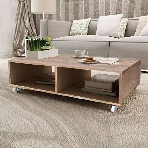 UnfadeMemory Mesa de Centro con Ruedas,Mesita Café,Mesa Auxiliar,Mueble Salón,Decoración de Hogar,con 2 Grandes Compartimentos de Almacenaje,Madera Maciza,87x56x25cm Marrón