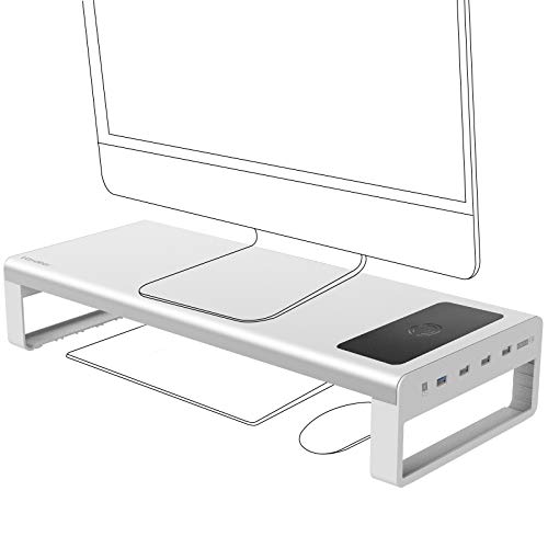 Vaydeer USB 3.0 soporte monitor de carga inalámbrica aluminio Soporte monitor mesa Admite transferencia de datos y carga, Metal elevador monitor de hasta 32 pulgadas para PC, portátil - Plateado