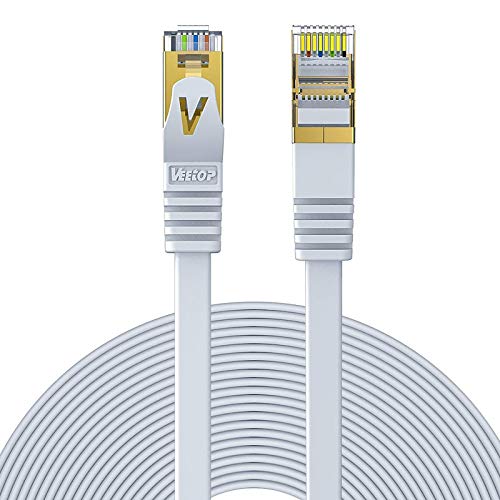 Veetop Cable Ethernet 5m Cat 7 Lan de Red con Conectores Rj45 Oro Plano, Velocidad 10 Go/s Blanco