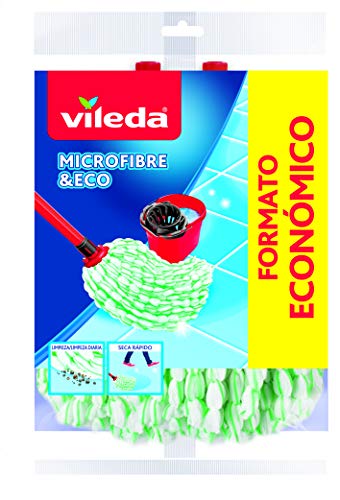 Vileda Microfibras Eco - Paquete de 2 recambios para fregona, 100% microfibras, gran capacidad de limpieza y absorción, color verde y blanco
