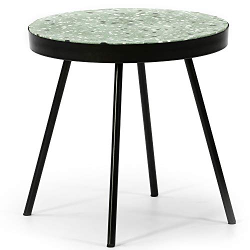 VS Venta-stock Mesa Auxiliar Mesa de Centro Redonda Kandi con Tapa de terrazo Verde y Patas de Metal en Color Negro Mate/DIAMETRO: 40 cm VS Venta-stock Mesa Auxiliar Mesa de Centro Redonda Kandi con Tapa de terrazo Verde y Patas de Metal en Color Negro Mate/DIAMETRO: 40 cm