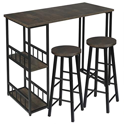 WOLTU 1 Mesa de Bar + 2 Taburete de Bar Mesa de Bistro Sillas y Mesa de Comedor, con 2 Estantes, Estructura de Metal, MDF, 120x50x105cm Negro+Oxidado BT25srs+BH130srs-2