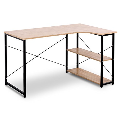 WOLTU Escritorio de Computadora Esquinero Muebles de Oficina Mesa de PC Mesa de Oficina Ordenador con Diseño Industrial, Madera y Acero con 2 Estante 120x74x71,5cm Roble/Negro TSB06hei