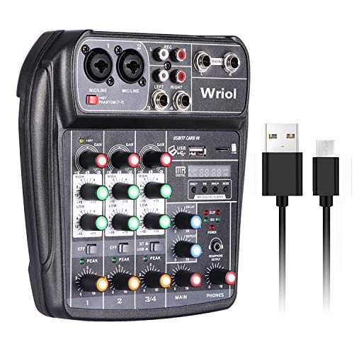 WRIOL Mezclador de Audio de 4 Canales de Bajo Ruido Consola de DJ USB con Tarjeta de Sonido para PC/Conexiones Móviles con Efectos de Sonido Fuente de Alimentación Phantom de 48V para Estudio en Casa