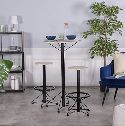 Yata Home Industrial Mesa alta redondaJuego de taburetes de bar para el hogar Yata con 1 mesa redonda y 2 taburetes para reposapiés, paneles de madera y metal Yata Home Industrial Mesa alta redondaJuego de taburetes de bar para el hogar Yata con 1 mesa redonda y 2 taburetes para reposapiés, paneles de madera y metal