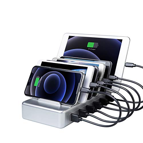 YOJA Estación de carga USB para varios dispositivos con 6 puertos para teléfono móvil, tableta, cargador USB con 6 cables cortos, color plateado