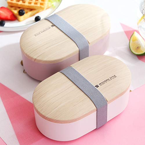 yylikehome Caja de Almuerzo de 800 ml Ensalada de Madera de Doble Capa Caja de Bento con vajilla Microondas portátil Contenedor de Alimentos Oficina Escolar 粉色