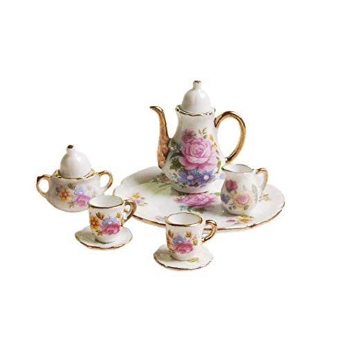 ZYCX123 8PCS 01:12 Miniatura Taza de cerámica Juego de té Taza de Porcelana Juego de té de Flores de impresión con el Accesorio de Oro Dollhouse Accesorios de Cocina