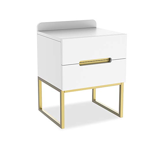 ZZBIQS Mesita de noche de madera, color blanco, mesita de noche con 2 cajones, mesita de noche, mesa pequeña con patas de metal para salón, dormitorio, café (blanco y dorado)