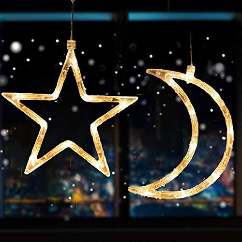 4 Piezas Luz de Ventana Navidad para Colgar en la Ventana con Ventosa Blanca Cálida LED árbol Papá Noel Estrella Copo de Nieve Luces de Navidad a Pilas Decoración de Ventanas de Interior (Moon&Star)
