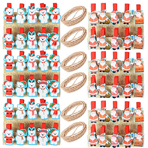 60pcs Pinzas De Madera Navidad Mini Clips Adorno de Navidad para Fotos Bolsas Fiesta Boda Papel Fotográfico Artesanía Diy con Cuerda Yute - Papá Noel + Oso de Navidad