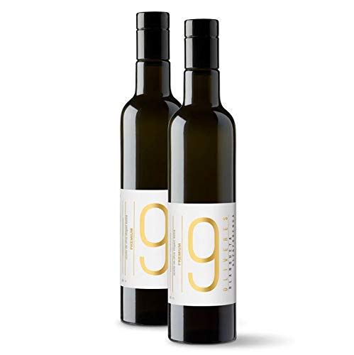 9 Oliveres Aceite de Oliva Virgen Extra. Olivos Milenarios. Variedad Premium, 500 ml. Cosecha 2019 - 2020. Variedades: 70% Alfafarenca 30% Blanqueta. Botella de vidrio (2 x 500 ml)