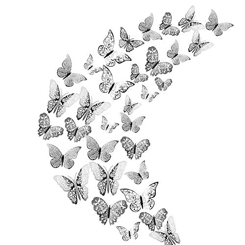 96pz Adhesivos Mariposas 3D Decorativos para Pared, Creatiees Pegatinas de Pared Mariposas Decoraciones, Rxtraíble Mural Pegatinas de Calcomanías Hogar Casa Habitación para Casa Habitación(Plata)