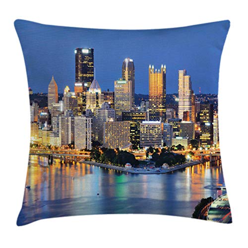 ABAKUHAUS Ciudad Pittsburgh Funda para Almohada, Horizonte céntrico, Decorativo, Estampado en Ambos Lados, 60 x 60 cm, Multicolor