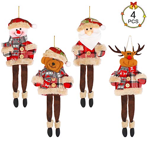 Aipaide Muñecas Colgantes para Navidad 4 Piezas Muñecas para Decoración de Árboles Adornos de Felpa Colgante de Navidad de 4 Estilos de Papá Noel, Muñeca de Nieve, Oso y Reno