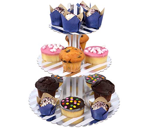 Alsino Soporte de 3 pisos, diseño de torre para cupcakes o tartas, decoración de pasteles, pisos, diseño de rayas plateadas