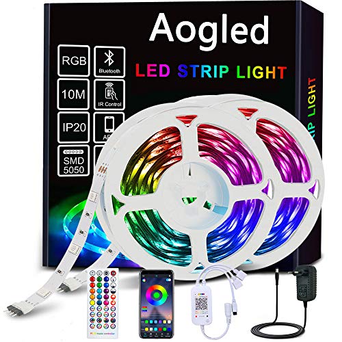 Aogled Tira LED 10M,Bluetooth Tiras LED con Control de APP y Control Remoto de 40 Teclas,5050 SMD Luces LED Habitacion RGB con Sincronización de Música,para Interior,Dormitorio,Sala de Estar,Fiesta