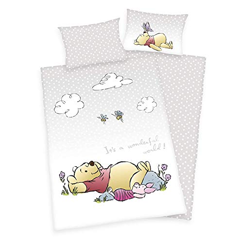 Arle-Living Juego de ropa de cama de 3 piezas, diseño de Winnie The Pooh/Pooh oso, 100 x 135 + 40 x 60 cm, 100% algodón (con sábanas), color blanco