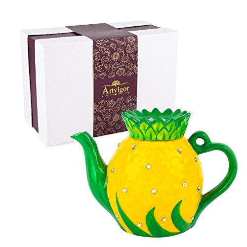 Artvigor - Tetera de porcelana pintada a mano (1200 ml), diseño de piña, color verde y amarillo, con caja de regalo