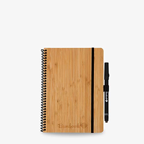 Bambook Cuaderno de pizarra blanca A5 con bolígrafo, tapa dura de madera de bambú, rayas y en blanco, sostenible y reutilizable