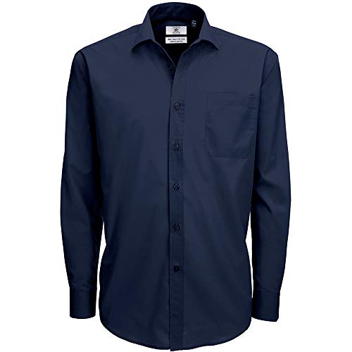 B&C Mens Smart Long Sleeve Poplin Shirt Camisa de Oficina, Azul (Navy 000), XXL para Hombre