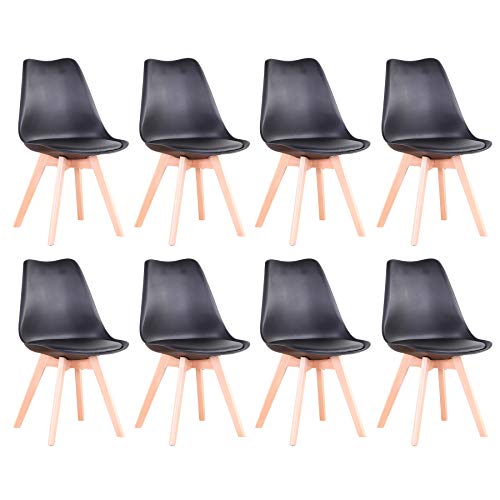 BenyLed Juego de 8 Sillas de Comedor con Asiento Tapizado y Patas de Madera de Haya Ideal para Comedor, Cocina, Salón, Dormitorio, Negro