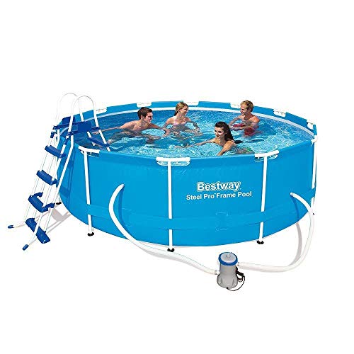 Bestway Steel Pro MAX Piscina Steel Pro Frame 366 x 100, Cap. 9.150, Bomba de Filtro 58383 (2,006 l/H), Cartucho 58094 (II), Escalera de Seguridad, Azul