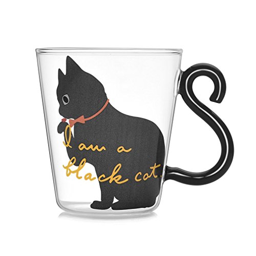 Binghotfire Cute Kitty Glass Water Cup Taza con asa de Cola de Gato Taza con Leche Té Café Taza de Jugo de Fruta Negro