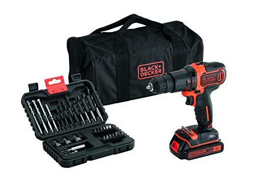 BLACK+DECKER BDCHD18S32-QW - Taladro percutor 18V con batería de litio 1.5Ah, incluye 32 accesorios y bolsa de almacenamiento