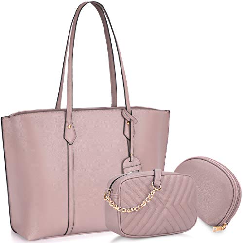 Bolso para Mujer Cuero PU Bolso de hombro Monedero 3Pcs Bolso Grande Bolso Señoras Shopper Totes para  Escuela Compras Viaje Oficina Rosa