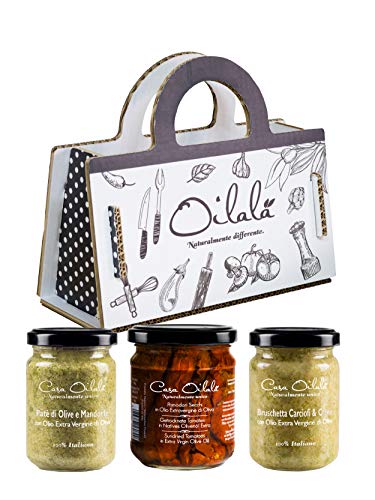 Caja regalo Aperitivo Shopper OILALÀ. 3 excelencias de Apulia, tomates secos, patè de aceitunas, alcaparras y almendras, alcachofas Bruschetta y aceitunas. Diseño único en forma de bolso de mano.
