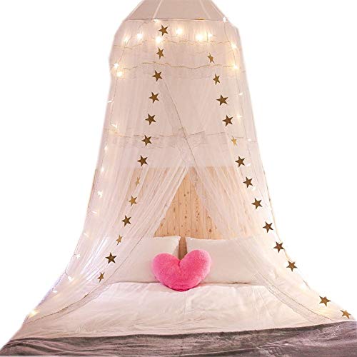 Cama con Dosel Blanca para Niñas con Luces Postes De Cama Doble Y con Dosel con Luces Redes De Colgar Juegos Casa Dormitorio Decoración Lectura Habitación para Niños Funcionales,White