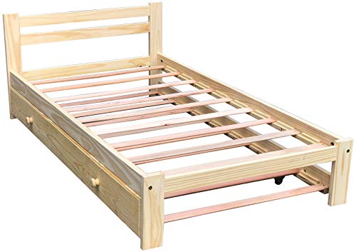 Cama nido de madera de pino maciza de 90 x 190 cm, con soporte de listones de madera sin acabar, ideal para dormitorio y cama nido con ruedas.