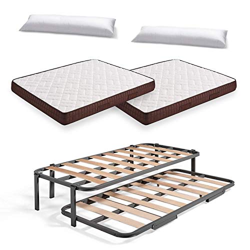 Cama Nido Metálica Reforzada con 6 Patas + 2 Colchones Viscobrown + 2 Almohadas de Fibra Tacto Pluma, 105x200 cm