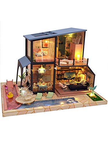 Casa de muñecas en miniatura con muebles, kit de casa de muñecas de madera y movimiento a prueba de polvo y música, a escala 1:24, ideal para habitación creativa