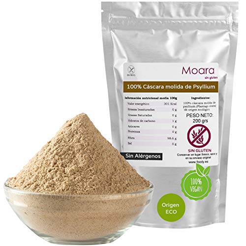 Cáscara de psilio rubio en polvo - Fibra de plantago ovata molida - Organic psyllium husk fibre powder 200g - Producto ecológico y sin aditivos - Ideal para hacer pan sin gluten