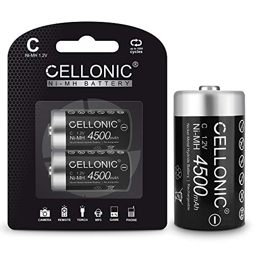 CELLONIC® Batería Recargable C - 4500mAh - Vienen cargadas - Larga Vida y duración - 2X Baterías Recargables Baby C / R14 / LR14