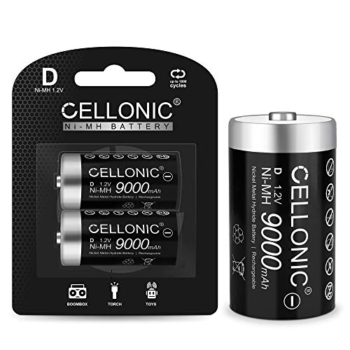 CELLONIC® baterías Recargables D - 9000mAh - Vienen cargadas - Larga Vida y duración - 2X Pila Baterías Recargables Mono D/D/Mono / R20 / LR20
