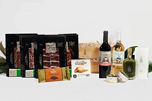 Cesta Gourmet: Jamón e ibéricos elaborados y curados en Guijuelo, Salamanca - Aceite AOVE Cosecha Temprana Premium - Queso premiado - Vino Tinto y Vino Blanco - 2 Pates de Campaña - Turrón. Cesta Gourmet: Jamón e ibéricos elaborados y curados en Guijuelo, Salamanca - Aceite AOVE Cosecha Temprana Premium - Queso premiado - Vino Tinto y Vino Blanco - 2 Pates de Campaña - Turrón.