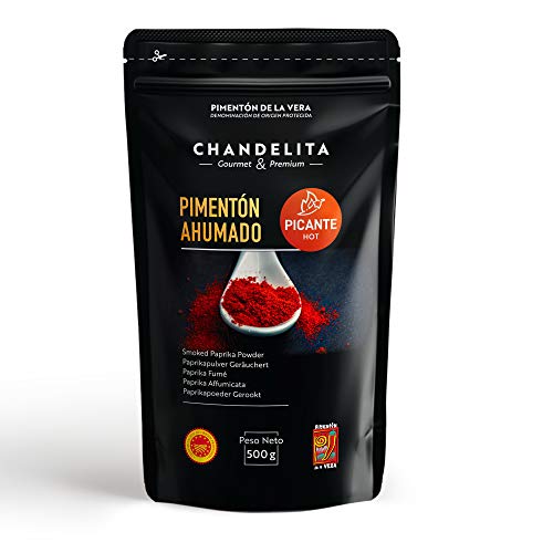 CHANDELITA Pimentón de la Vera Picante Ahumado en Polvo en Bolsa de 500gr con la Denominación de Origen Protegida - Especias y Condimento. Gourmet & Premium