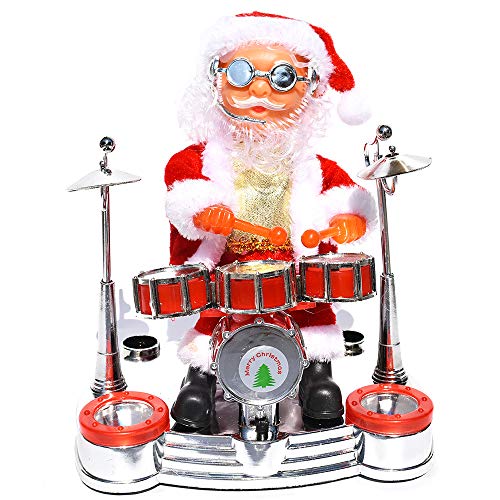 Chnrong Figura de Papá Noel musical con tambor bailando y cantando Papá Noel, con batería